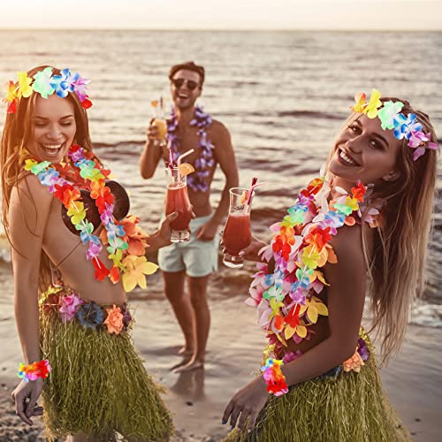 Tigeen 6 Pcs Coconut Bra Hawaiian Grass Hula Skirt Costume Set Dance Leis Outfit for Women Luau Party Supplies,15.7 Inch4