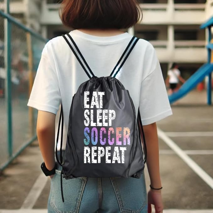 KEMLOZE Soccer Drawstring Bag for Girls – “Eat Sleep Soccer Repeat” Sports Backpack – Lightweight Cinch Sack Tote – Soccer Player Gift 3