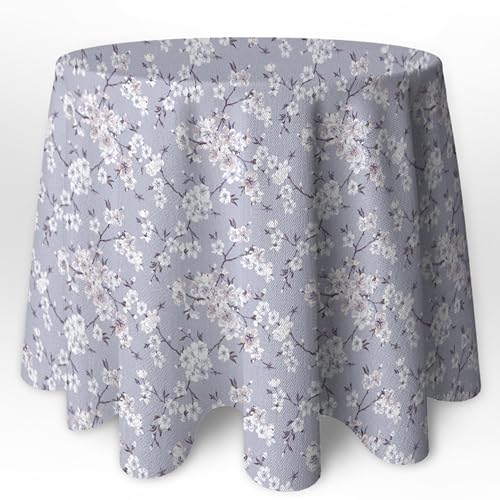 LaFábricadelasTelas - Falda o Ropa de Mesa Camilla Redonda Flores Almendro Beige y Gris. Primavera Verano Loneta Estampada algodón, Faldón Faldilla enagüilla 60-70-80-90-100 (Gris, 70 Redonda)