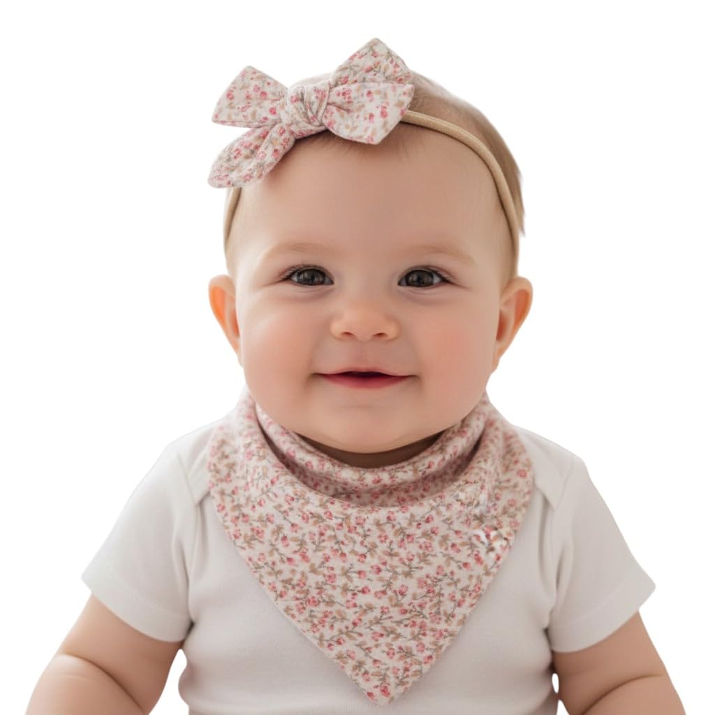 POLKA TOTS Cotton Floral Print Bow Headband With Reversible Bandana Bib Set - Pink-picture-20