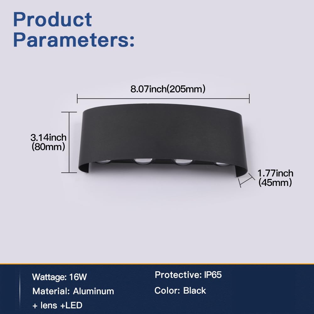 2 Pack Lampada da Parete Esterno/Interno LED Applique da Esterni 16W 1600LM Up Down Lampada da Parete IP65 Impermeabile Moderno Lampade Muro Alluminio Bagliore su e giù (Nero 4500K luce naturale)