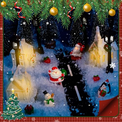 Rileryan 18 PCS Christmas Town Village Accessories Set Christmas Trees Road Street Artificial Snow - Thumbnail 7