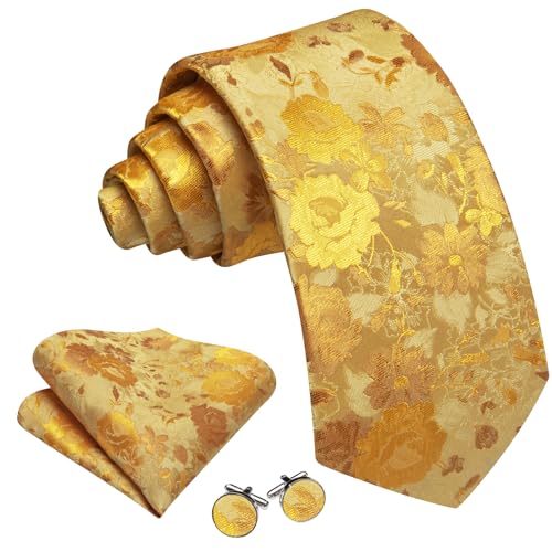 Image of Barry.Wang Flower Ties for Men Handkerchief Cufflinks Set Wedding Necktie Set Party