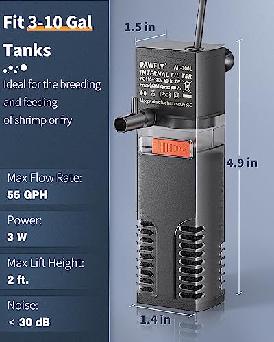 Pawfly Internal Aquarium Filter, Submersible Power Filter With 55 Gph Water Pump For 3 To 10 Gallon Fish Tanks Filtration Circulation And Oxygenation thumb #1