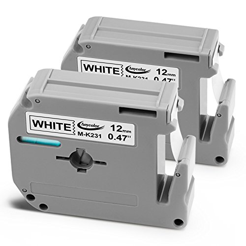Anycolor Compatible Label Tape Replacement for Brother M Tape M231 Work with P Touch Label Maker PT-90 PT-M95 PT-70BM PT-70 PT-65 PT-85 PT-45, Black on White, 0.47 Inch (12mm) x 26.2 Feet (8m), 2-Pack
