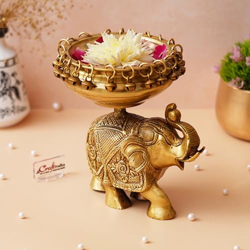 Image of eCraftIndia Golden Brass Urli on Elephant Statue with Bells| Urli for Floating Flowers Decorative Showpiece Brass for Home Decor Office | Diwali Decoration Items | Gift for Housewarming Birthday