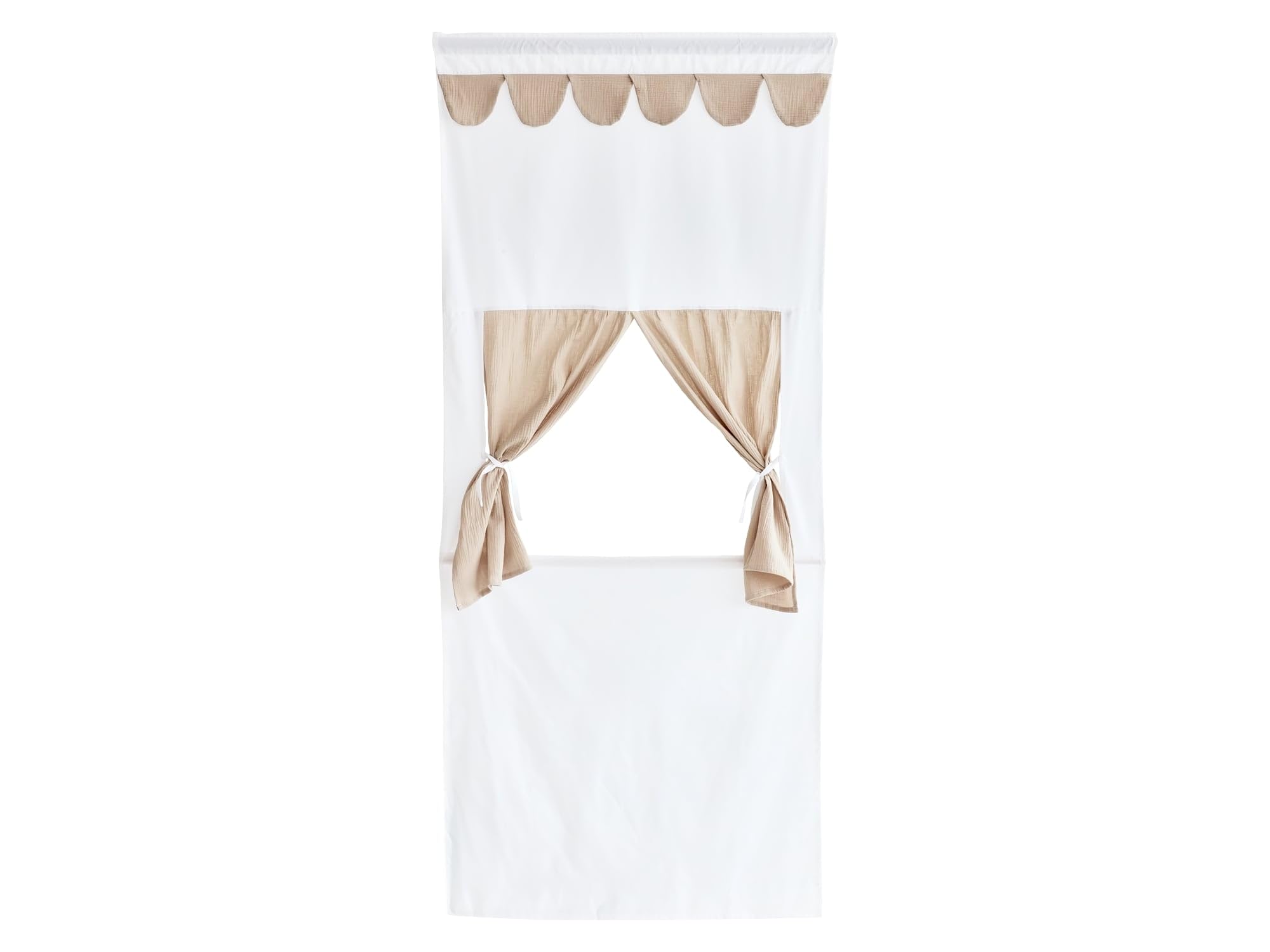KraftKids Puppentheater Kasperletheater für Türrahmen, Wimpelgirlande und zurückbindbarer Vorhang, Musselin Beige aus 100% Baumwolle, 90 × 200 cm, handgefertigt EU