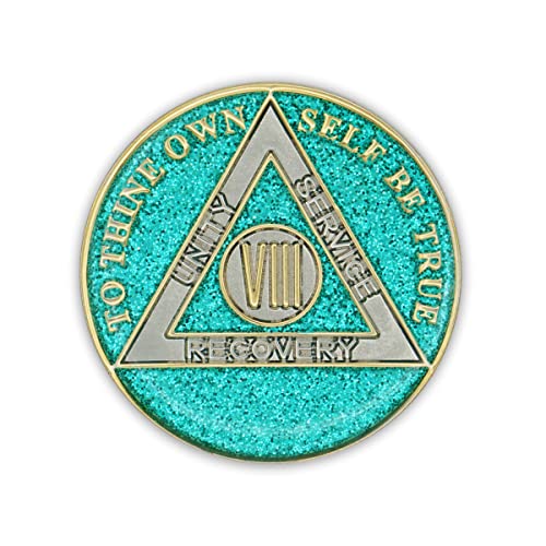 Image of 8 Year Sobriety Coin | Glitter Triplate AA Chip | Recovery Anniversary Token (Aqua)