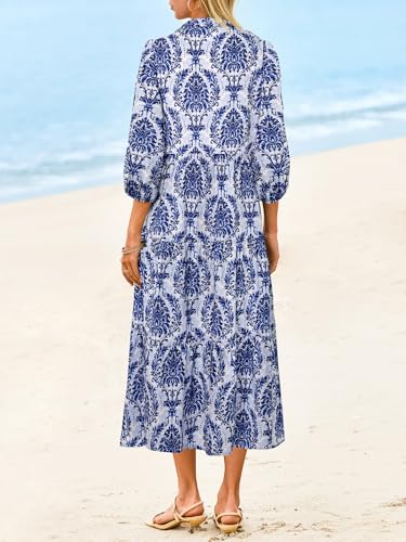 Image of Wenrine Womens Casual 3 /4 Sleeve Shirt Dress Button Down V Neck Tiered Collared Flowy Maxi Dress