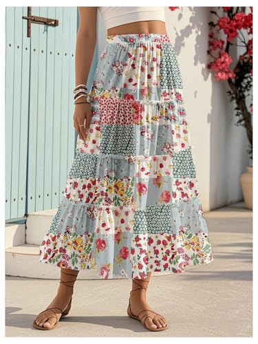 Verdusa Women's Boho Floral Patchwork Skirt Vacation A Line Flowy Long Skirts4
