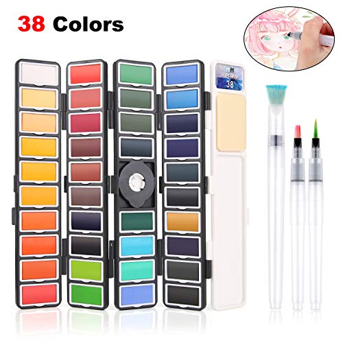 Peinture Aquarelle Palette, BBLIKE 38 Couleurs Ensemble de Peinture Aquarelle Pliable et Portable avec 3 Pinceaux à eau une Palette de Mélange Parfait Pour les Adultes, Artistes, Enfants, Débutants