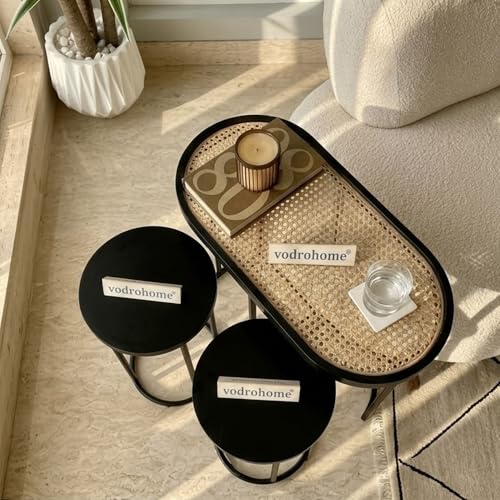 Image of Charcoal Rattan Cane Side Table with Glass top - Bohemian Solid Mango Wood Cane Iron Sofa Side end Table - Wood and Cane Nesting Table S#047 (Charcoal Black 2)