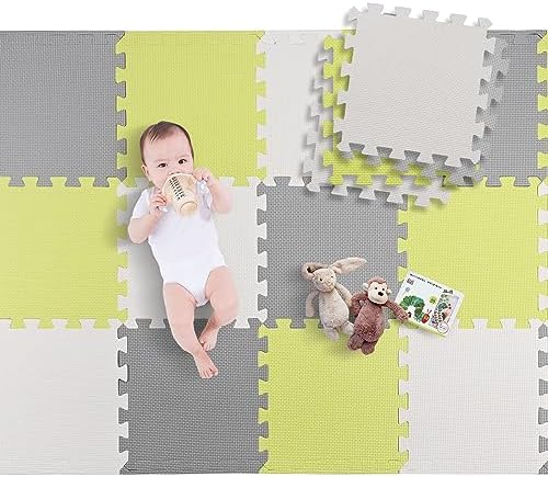 LIVINGbasics Baby Play Mat, 18 pcs Puzzle EVA Foam Exercise Play Mat 1.62 Sqm Coverage Interlocking Floor Tiles, Portable Crawling Floor Mats for Kids Toddler, Green, grey, light grey