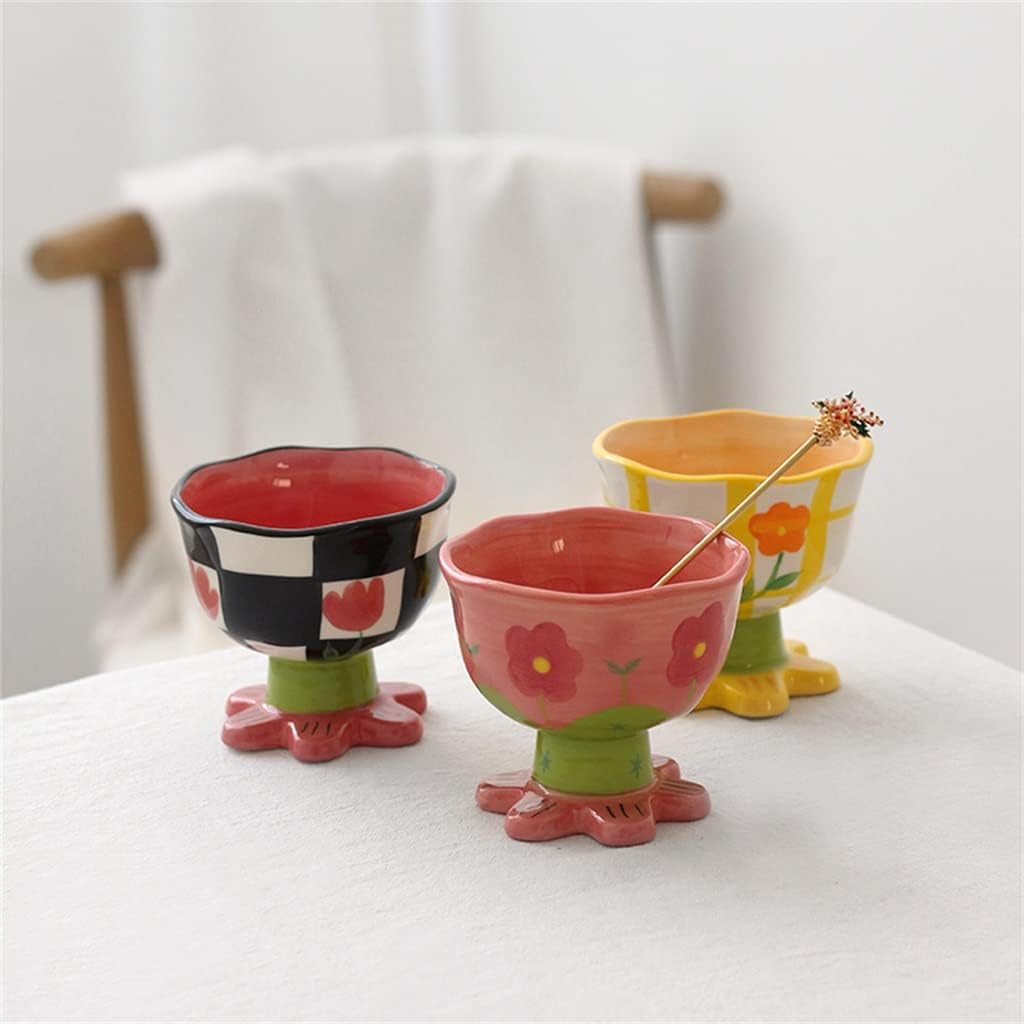 Handmade Irregular Shape Ceramic Cup Bowl For Dessert Fruit Yogurt Cute Hand Painted Flower Milk Tea Mugs(D)