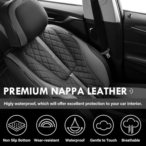 Image of Coverado Car Seat Covers Full Set, Luxury Diamond-Pattern Leather Seat Covers & Carbon Fiber, Waterproof Car Seat Protector, 5 Seats Automotive Seat Covers Universal Fit for Most Cars, BlackGray