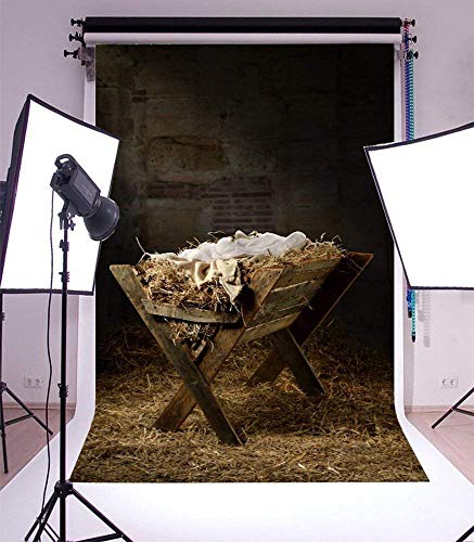 Aofoto 5X7Ft Hay Filled Manger Nativity Scene Backdrop Christ Child Jesus Birth Christian Shabby Farmhouse Barn Stable Photography Background Cloth Photo Studio Props Events Decoration Vinyl #TOP19