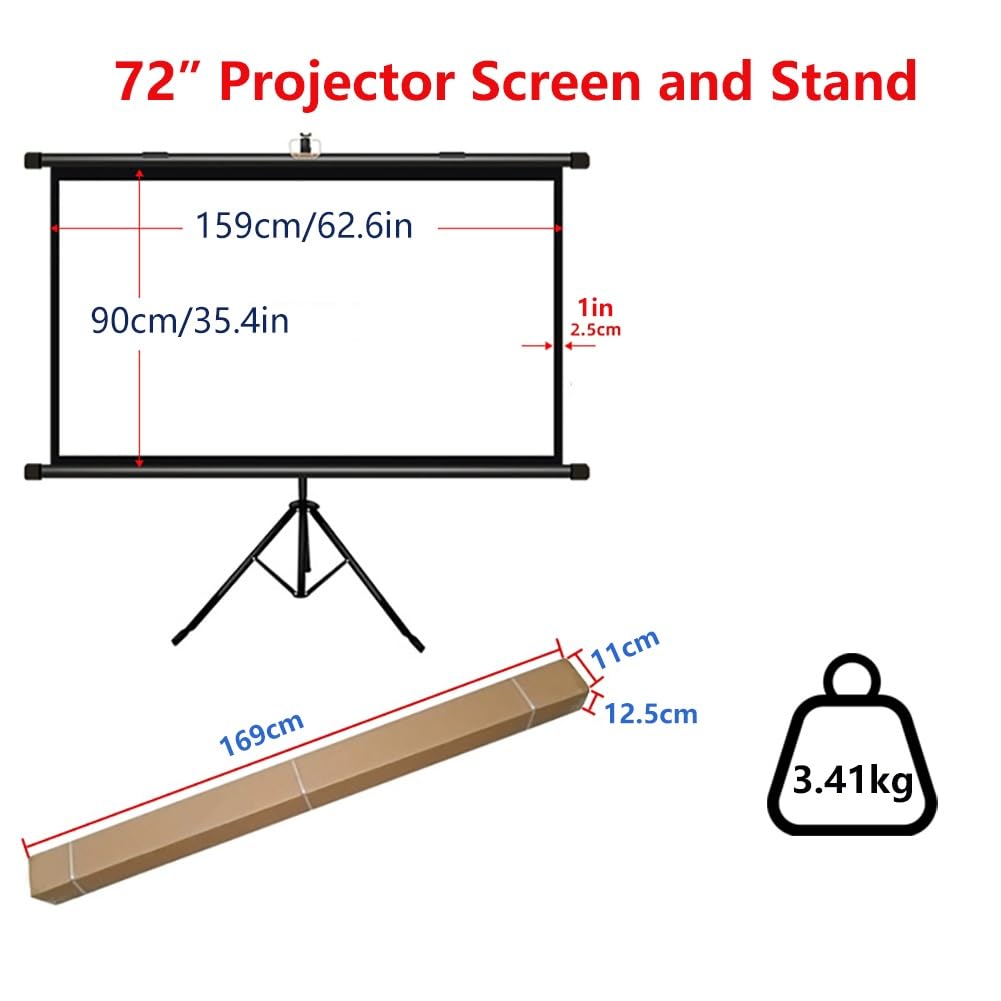 72-calowy przenośny ekran projekcyjny ze statywem, 16:9 HD 4K, ręcznie zwijany ekran filmowy do użytku wewnątrz i na zewnątrz, do kina domowego, biura
