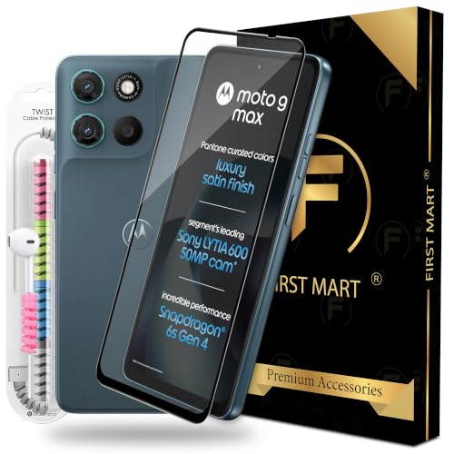 Image of FIRST MART Tempered Glass for Motorola G Max, 9H 0.3 mm Full-Glue Screen Protector with Cable Protector, 3D Edge-to-Edge, HD Clear, Case-Friendly, Black, Pack of 1