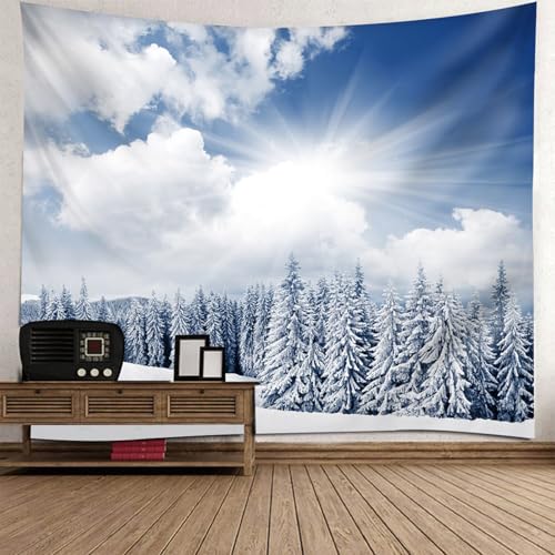 Tapisserie thème hivernal neige et arbres 150x150cm pour salon