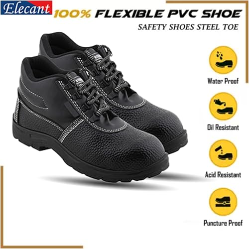 Image of ELECANT Lace-up Steel Toe, PVC Sole and Rexine Upper Black Safety Shoes for Construction, Factory and Industrial Work||Safety Shoes for Men