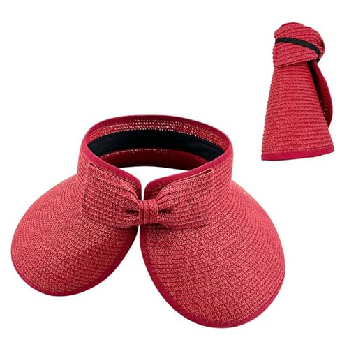 Womens Open Top Straw Sun Hat Wide Brim Foldable Roll Up Beach Visor with Bowknot Summer Packable Travel UV Visor Red