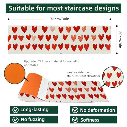 Tapis d'escalier antidérapants lot de 15 avec motifs cœurs pour marche en bois 20x76 cm