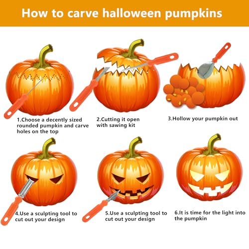 Image of Two Halloween LED Pumpkin Lights with Wand Remote Timer 6 PCS Stainless Steel Pumpkin Carving Cutting Tool Kit Set Jack-O-Lantern Decorations Battery Operated Realistic Flickering Flameless Candles