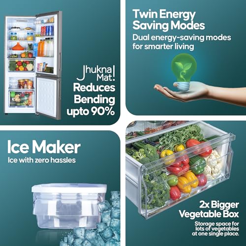 Image of Haier 237L 3 Star Frost Free Bottom Mount Double Door Refrigerator|8 In 1 Convertible Modes|Jhukna Mat-Bottom Freezer|Twin Inverter|200% Faster Ice Making in 49 Minutes (HEB-243GS-P, Moon Silver)