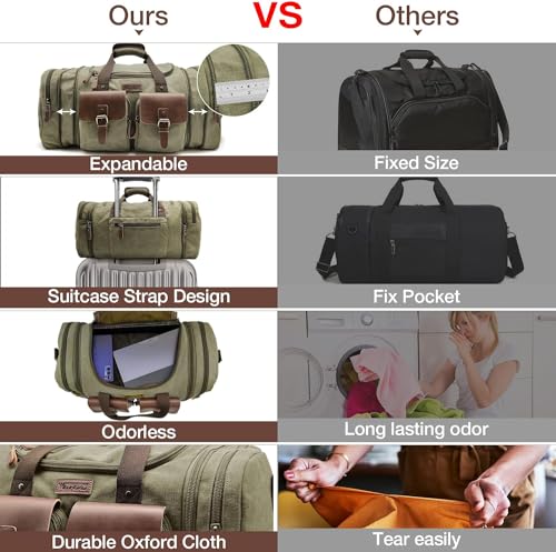 Image of Wildroad 60L Travel Duffel Bag, Expandable Canvas Genuine Leather Duffle Bag Upgraded Overnight Weekender Bag Carry on Bag