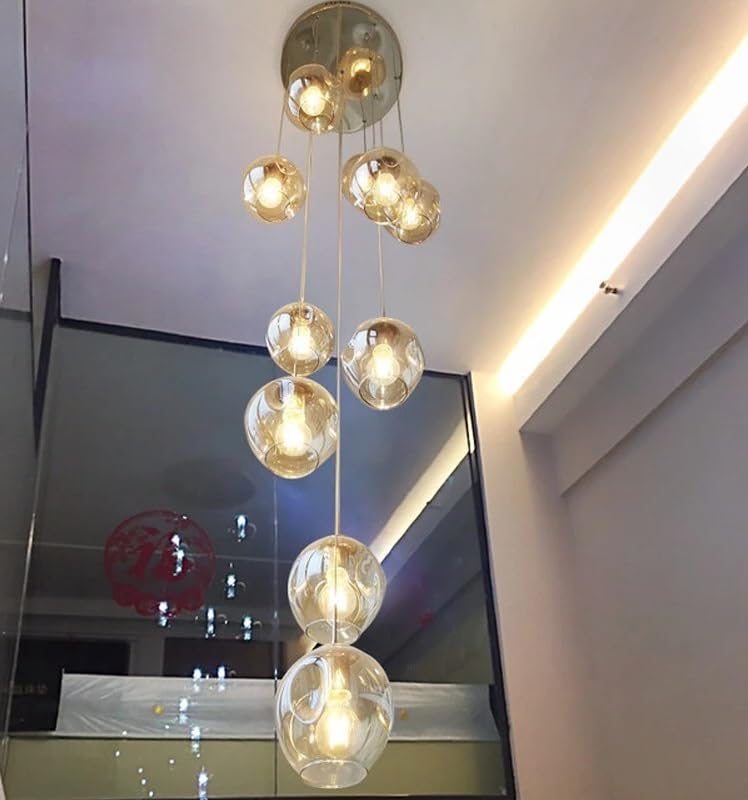 Generico Lampadari, 2026 Moderna Scala A Chiocciola Illuminazione Lampadario Lungo Soggiorno Villa Loft Sala Da Pranzo Lampada A Sfera Di Cristallo(12 heads,Changeable)