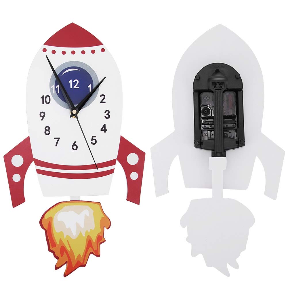 Orologio per decorazioni per la camera da letto per bambini, batteria a parete silenziosa per parete silenziosa a razzo cartone animato per bambini