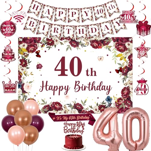 Jollyboom Décorations de 40e anniversaire bordeaux, diadème « Happy 40th Birthday » - Fleurs rouges - Bannière à suspendre - Ballons en aluminium pour femme de 40 ans