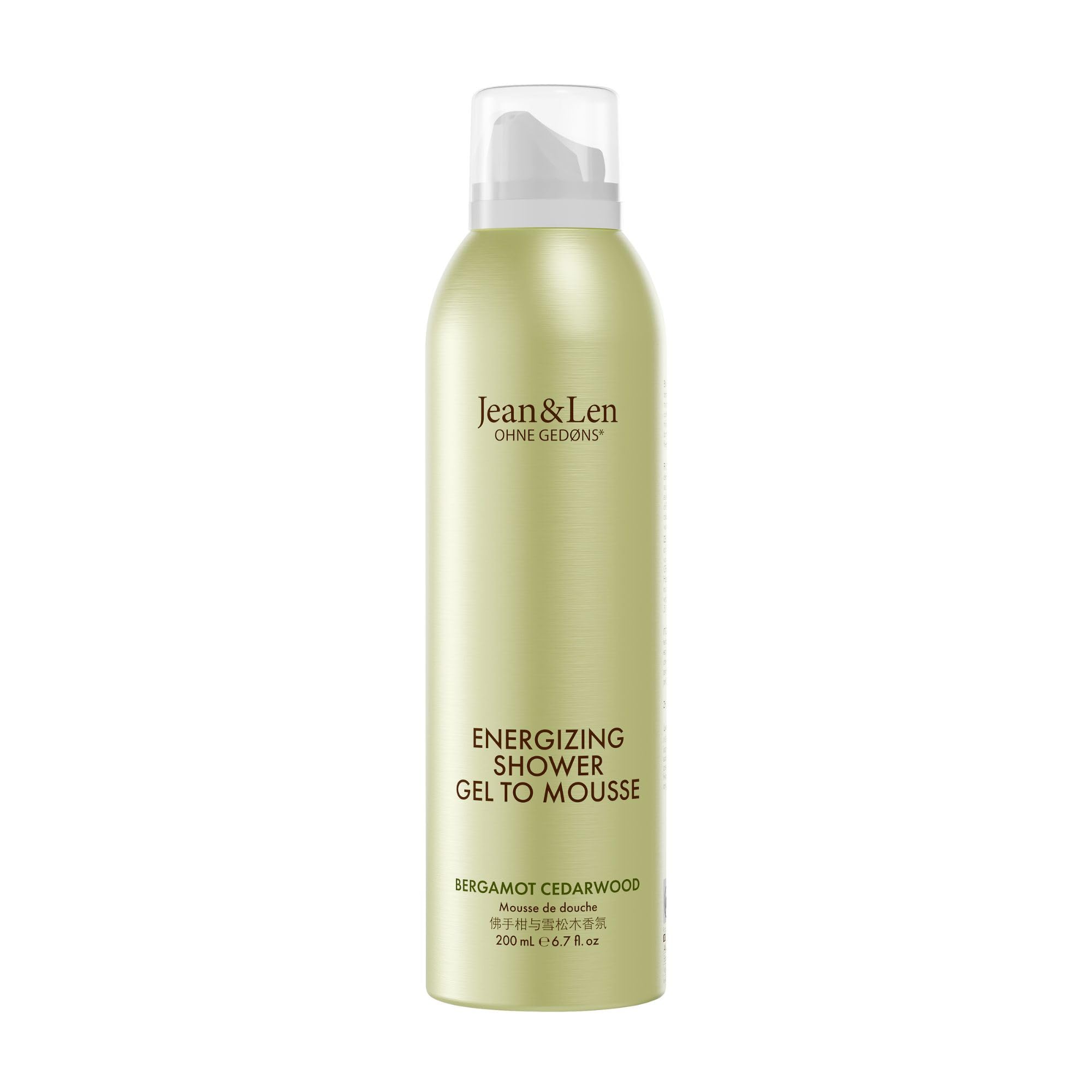 Jean & Len Energizing Shower Gel To Mousse Bergamot & Cedarwood, con aceite de almendra, jojoba y babasú, experiencia de limpieza aromática, para piel normal, espuma de ducha, sin siliconas, 200 ml