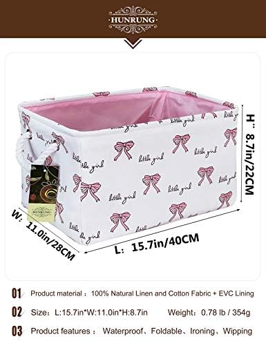 HUNRUNG Rectangle Storage Basket Cute Canvas Organizer Bin for Toys, Books, Clothes Perfect for Rooms/Playroom/Shelves(Rectangle-thick-bowknot)