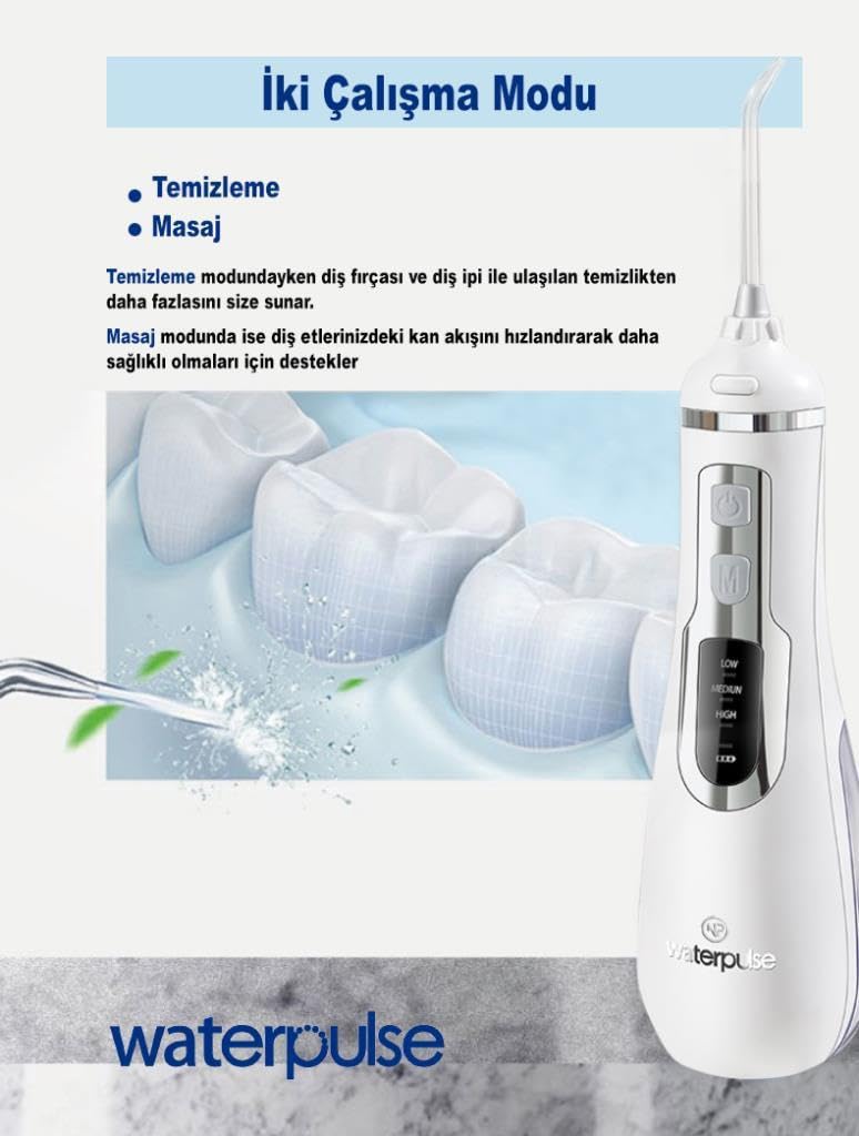 WaterPulse NPO WP-V500 Water Flosser Taşınabilir, Şarjlı, Masajlı, Diş Protez Bakım ve Ağız Duşu Beyaz