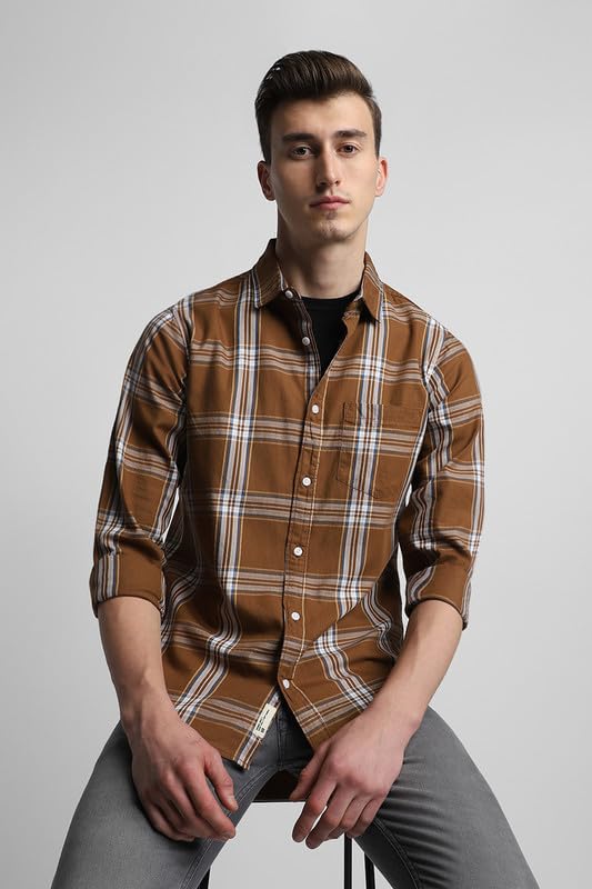 Image of Dennis Lingo Men's Khaki Cotton Casual Shirt, Full Sleeve Slim Fit Spread Collar