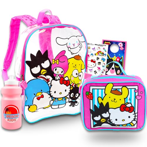 Hello Kitty Clear Backpack for School - Bundle Hello Kitty & Friends Backpack, Lunch Box, Water Bottle, Stickers, More | Transparent Backpack for Kids