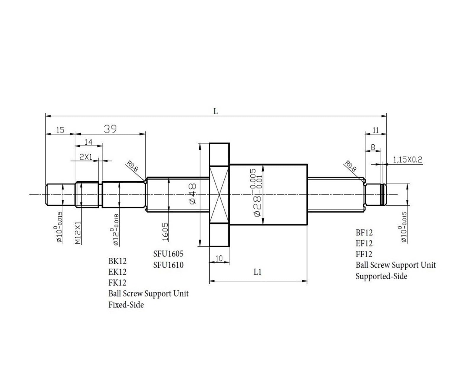 Vis à billes anti-retour Vis à billes SFU1605 250 mm 300 350 500 600 800 RM 1605 Boîtier d'écrou BK/BF12 usiné CNC(400mm)