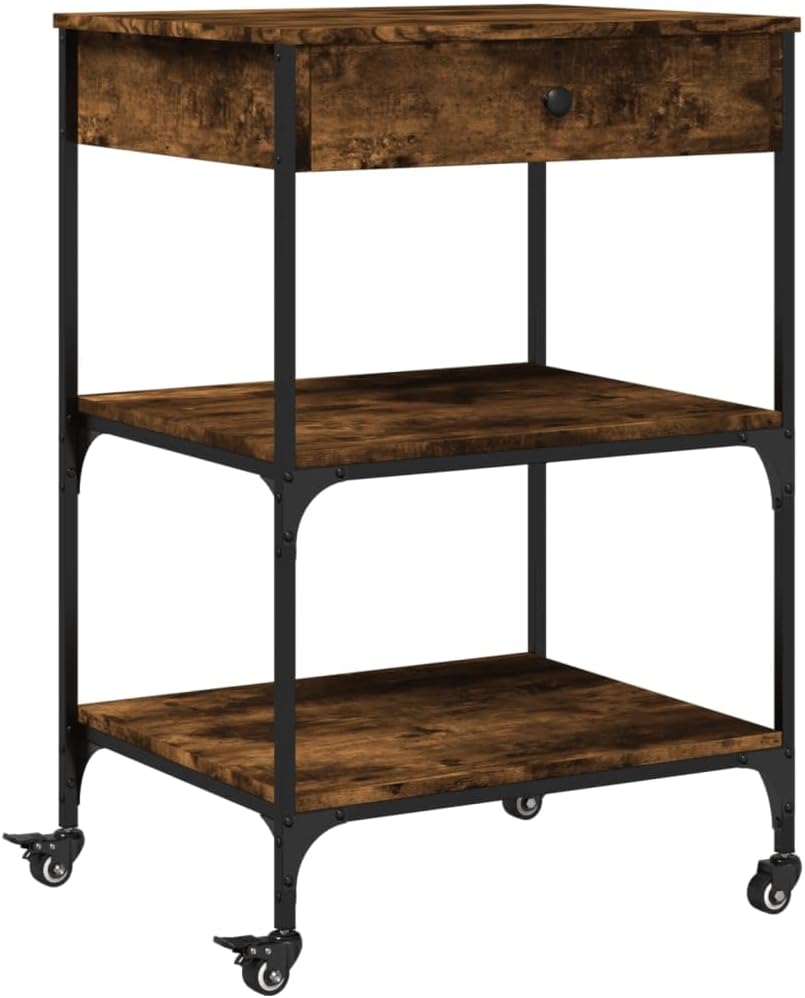 Kitchen Trolley Smoked Oak Engineered Wood with Steel Frame 23.6"x18.9"x35.2" Rolling Kitchen Cart with Wheels and Lockable Casters for Storage and Utility