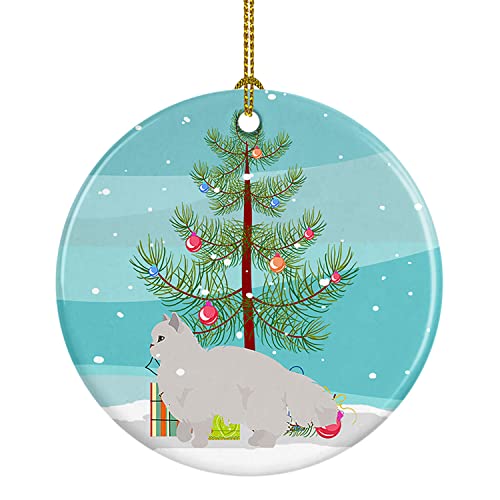 Caroline's Treasures White Persian Traditional Cat Merry Christmas Ceramic Ornament Christmas Tree Hanging Decorations for Home Christmas Holiday, Party, Gift, 3 in, Multicolor