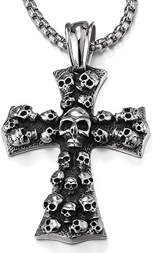 COOLSTEELANDBEYOND Mens Large Gothic Vintage Skulls Cross Pendant Necklace of Steel, 30 inches Wheat Chain