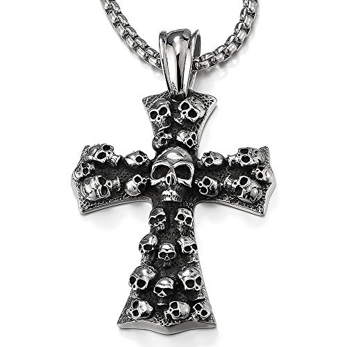 COOLSTEELANDBEYOND Men's Stainless Steel Skull Cross Pendant Necklace With 3D Mini Skull Detail, Textured Oxidized Finish, Biker Gothic Style by COOLSTEELANDBEYOND - Used condition - US$9.75