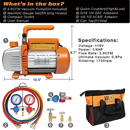 Bacoeng Complete Ac Repair Tool Kit For Mini Split/Hvac/Auto With Tool Bag - Includes 3.6Cfm Vacuum Pump, 800Psi Manifold Gauge Kit #TOP4