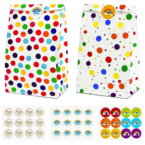 Aurinovellia 20 Piezas Bolsas de Papel Kraft para Regalos, Bolsas Regalo Cumpleaños Infantil con 36 Pegatinas, Bolsas Chuches Cumpleaños para Fiestas Infantiles Cumpleaños Navidad, 24 x 13 x 8 cm