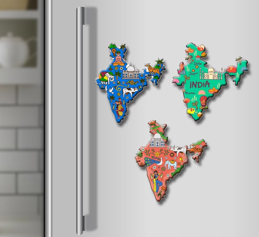 Image of CAPIO ART MDF Wooden Indian Map Fridge Magnet Pack of 3 | Sleek & Trendy Multipurpose Door Magnet, Office Magnet, Decorative Souvenir for Home & Kitchen | (Multicolor)