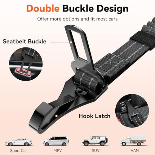 Tivray Anschnallgurt Hund Auto, Bungee Hund Auto Sicherheitsgurt, Auto Sicherheitsleine mit Schnalle und Clip Haken, Einstellbar Reflex Geschirr Tether, 360° Swivel Karabiner, Schwarz