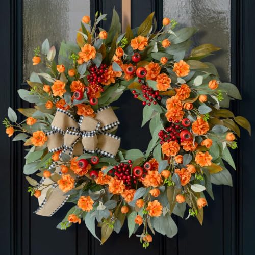 Image of 24 Inch Harvest Fall Wreaths for Front Door Outside with Bow & Red Berries | Artificial Autumn Leaf Wreaths with Lifelike Orange Camellia-Rustic Farmhouse Mantel Porch Decor for Thanksgiving Halloween