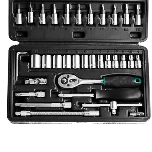 Image of Tool Box Kit 46 pcs - Black Metal 1 /4 Inch Socket Set - Complete Ratchet Socket Wrench with Extension Bar & Bits, Compact Portable Tool Set for Home, Garage, Automotive Repair & Maintenance