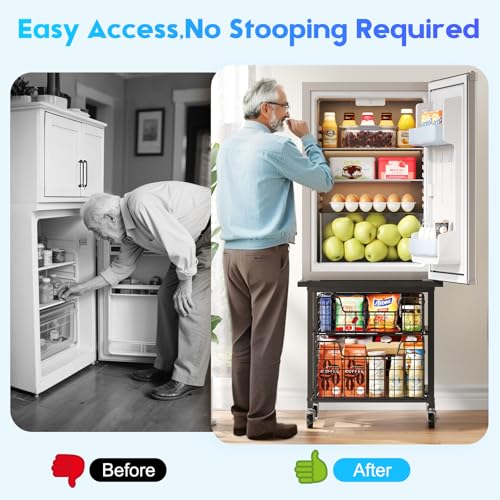 Image of Mini Fridge Stand with Storage, Small Refrigerator Stand with 2 Drawers, Mini Fridge Shelf Cabinet-Max Load 300 LBS Heavy Microwave Stand Mini Fridge Cart for Dorm, Apartment, Kitchen (Black)