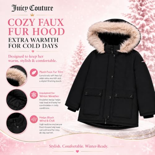Image of Juicy Couture Girls Heavyweight Winter Jacket with Faux Fur Hood and Cargo Pockets